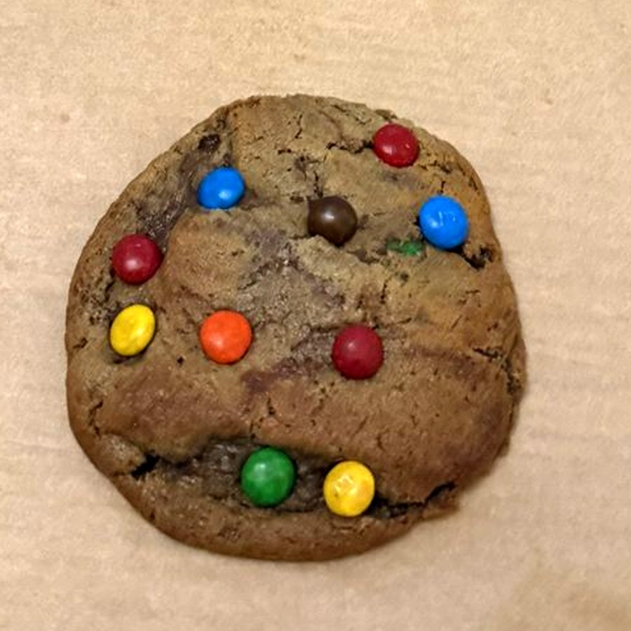 A single cookie, crackled across the crown, studded with enamel-bright M&M's and flaked salt