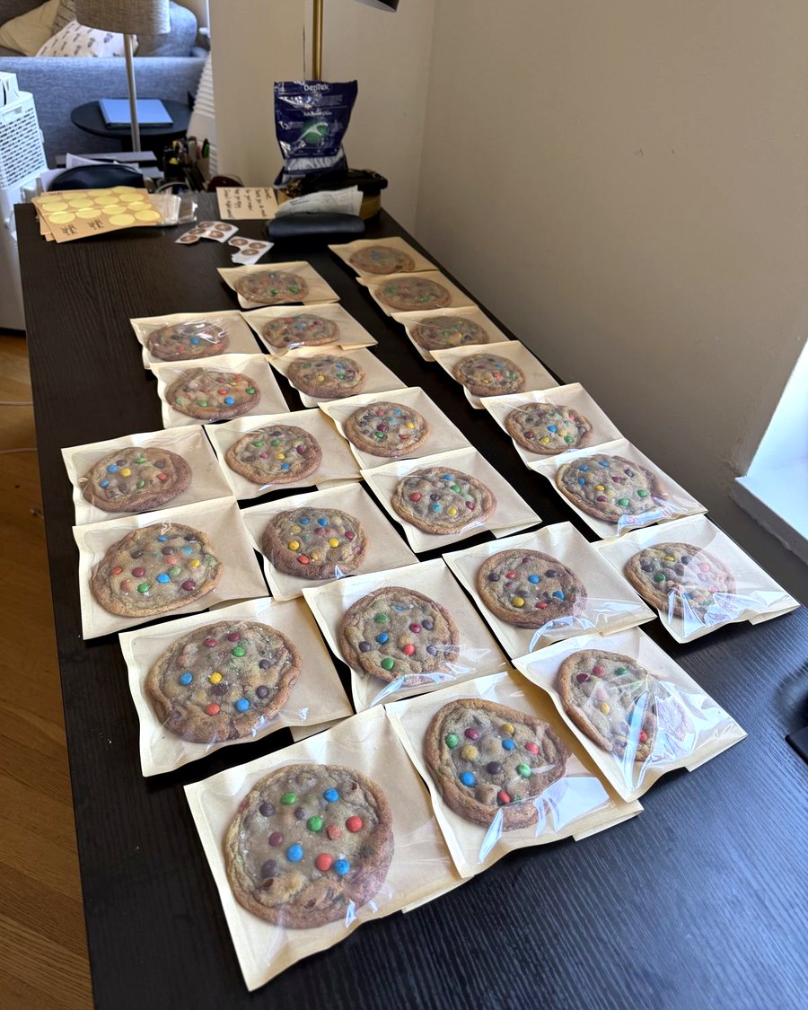 A long table given over entirely to packed orders
